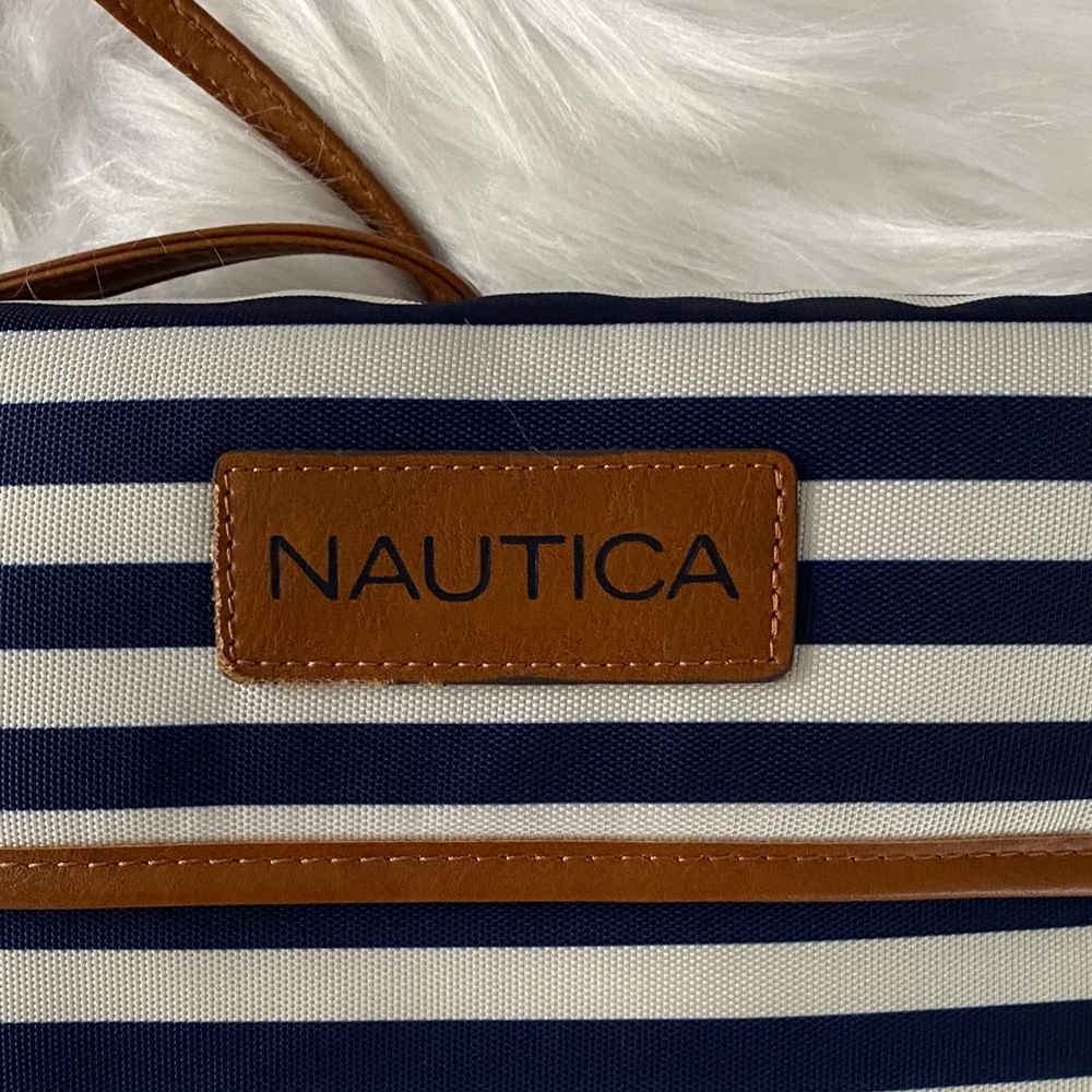 Nautica Striped Crossbody Bag navy blue and white with Tan Accents - Picture 3 of 9